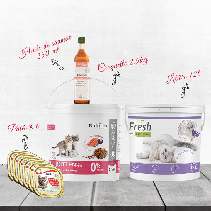 Pack Chatons All In One Nutrilux : croquettes, litière et pâtée pour le bien-être des chatons.