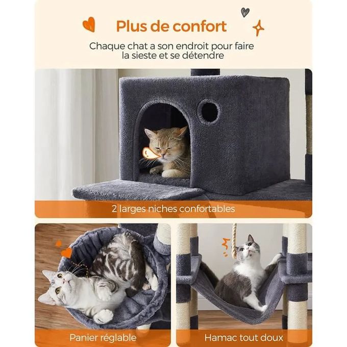 Arbre à chat hauteur de 170 cm, hamac, panier, 2 niches, 2 plate-formes, 2 pompons, Gris foncé