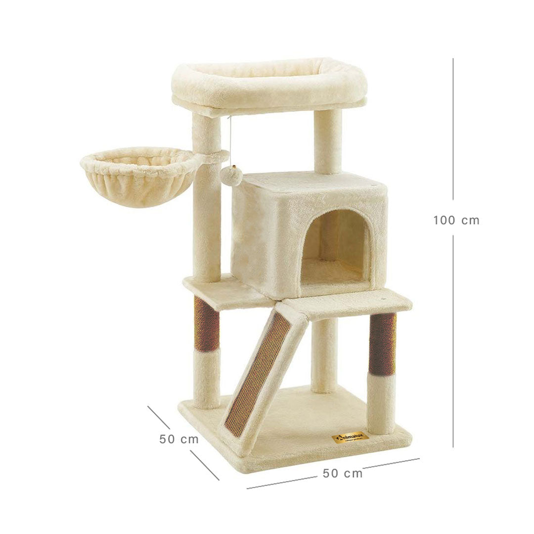 Animalux Arbre à chat 100 cm avec griffoir, hamac, plateformes et niche – Stable et compact