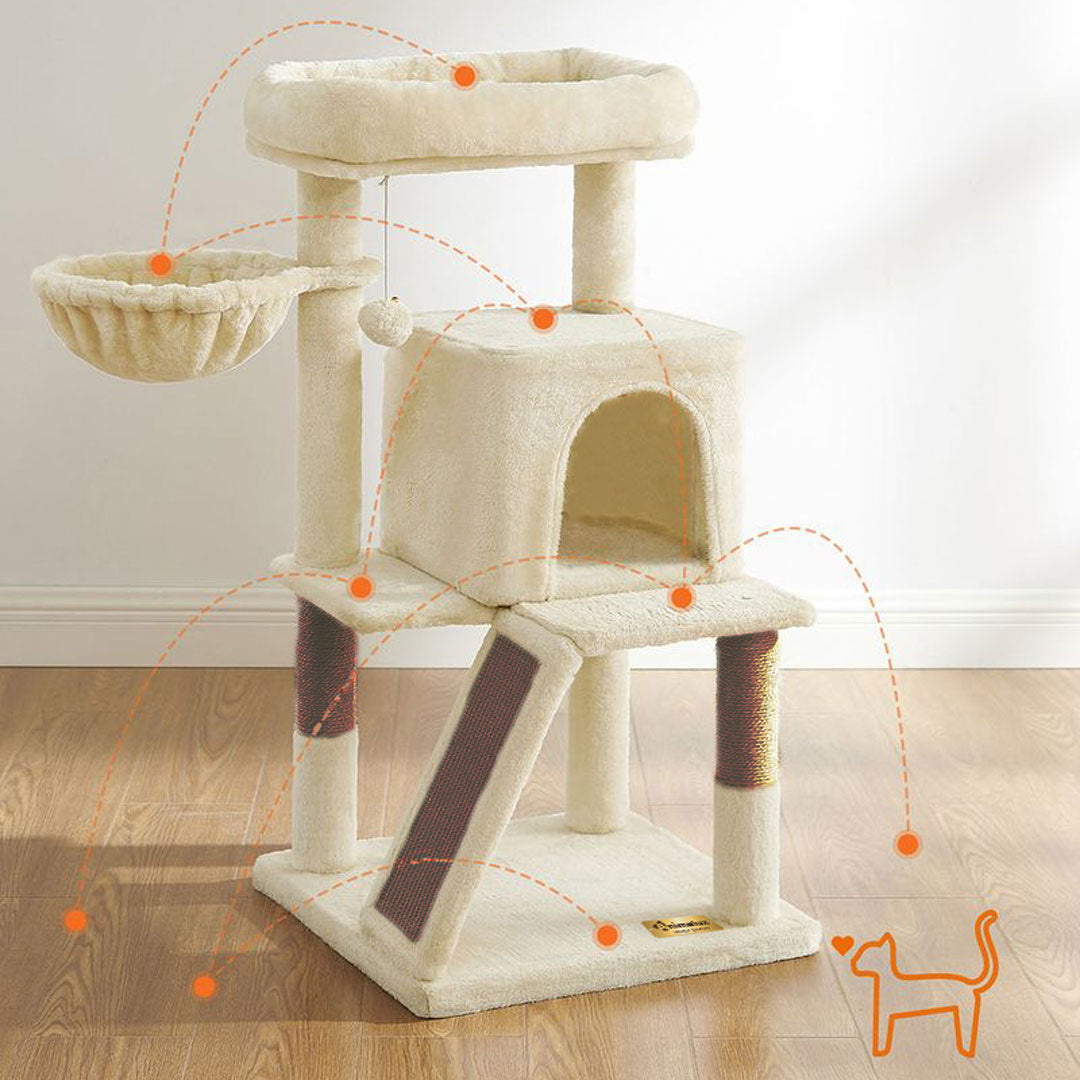 Animalux Arbre à chat 100 cm avec griffoir, hamac, plateformes et niche – Stable et compact