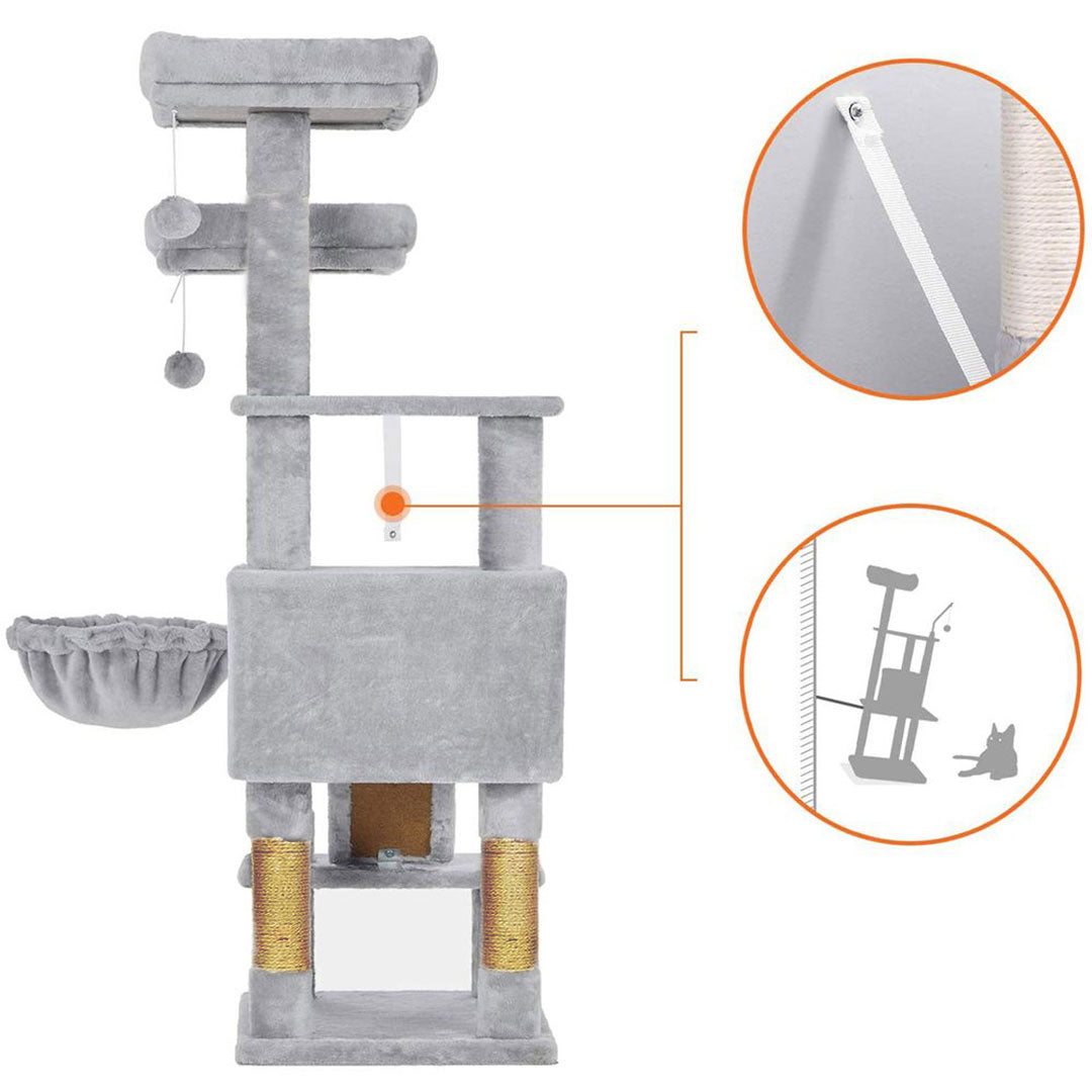 Animalux Arbre à chat 140 cm – 2 plateformes, hamac, niche, griffoirs et escalier multi-niveaux