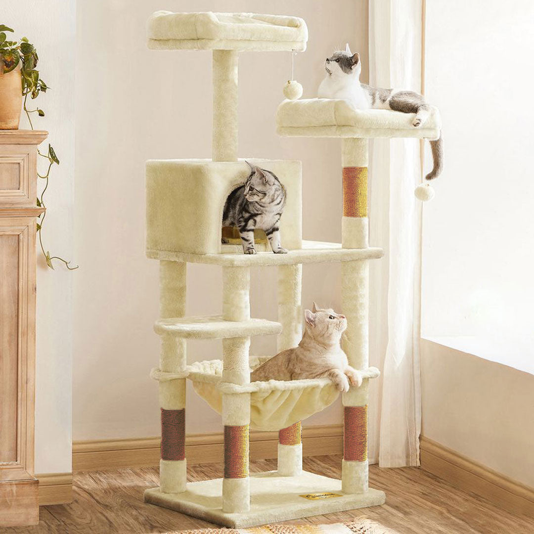 Animalux Arbre à chat 145 cm – Niche, hamac, 2 plateformes, griffoirs sisal et base renforcée