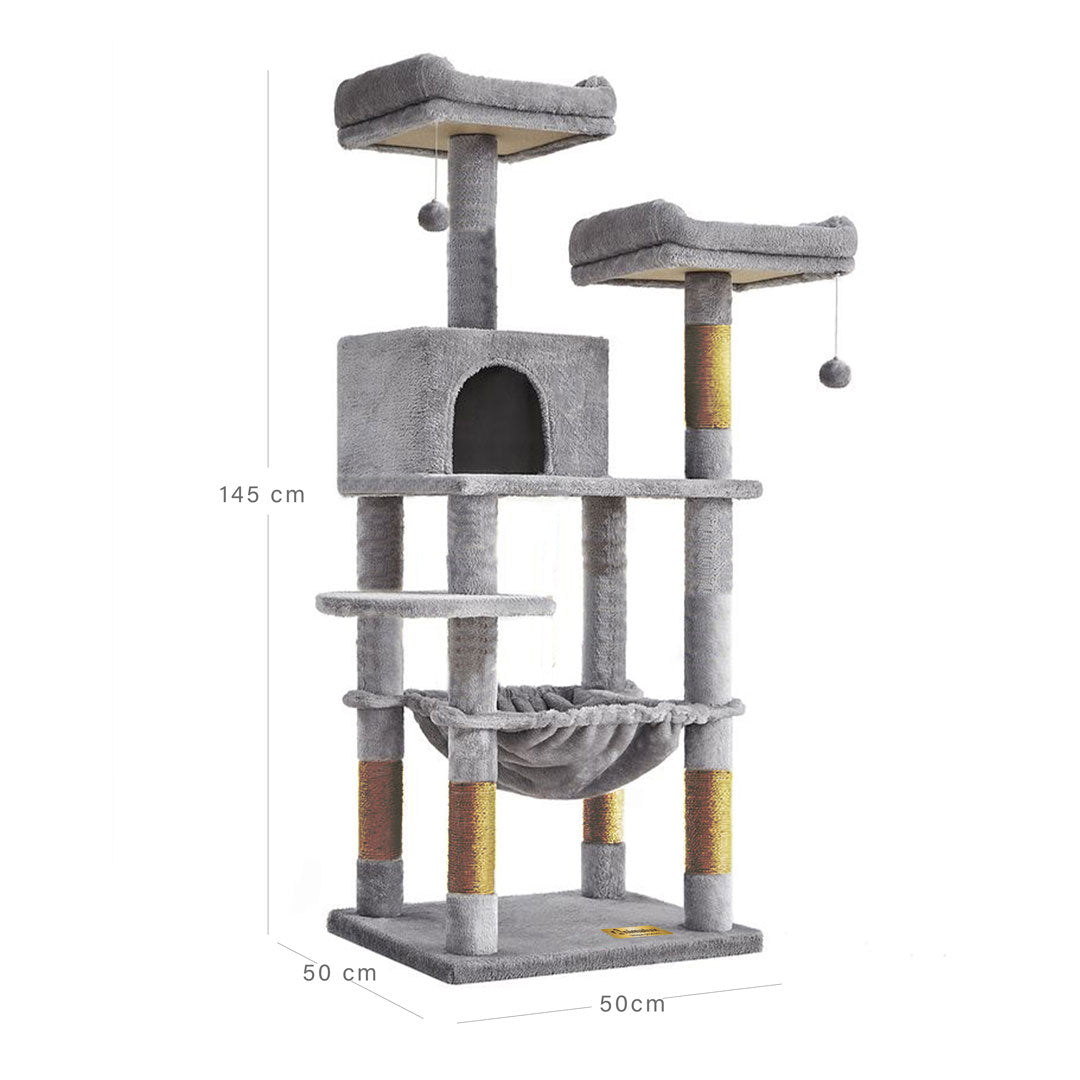 Animalux Arbre à chat 145 cm – Niche, hamac, 2 plateformes, griffoirs sisal et base renforcée