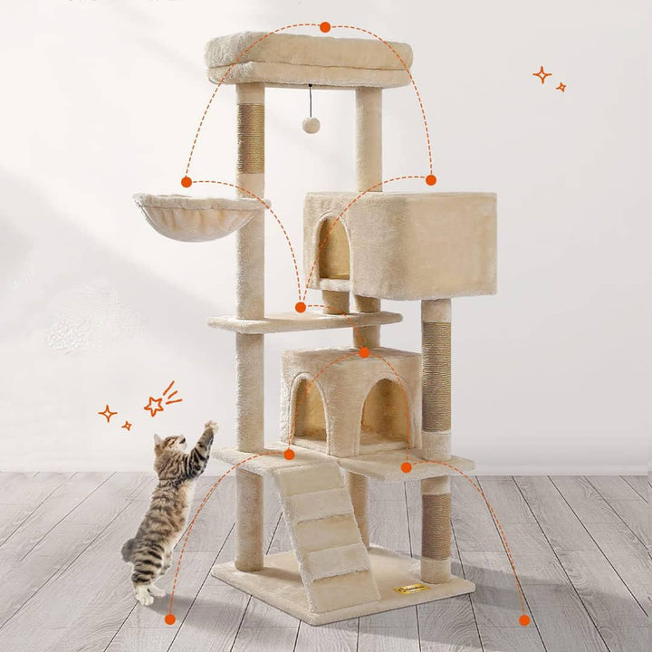 Arbre à Chat 170 cm montrant les niveaux de jeu, grattage et repos pour chats actifs.