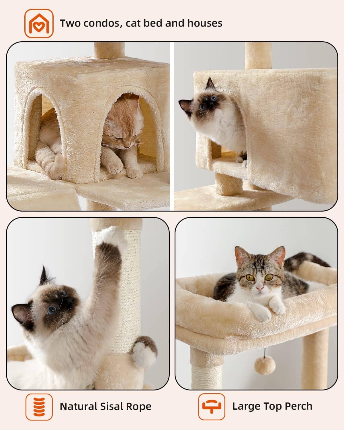 Arbre à Chat 170 cm avec condos, cordes en sisal naturel et perchoir supérieur pour chats actifs.