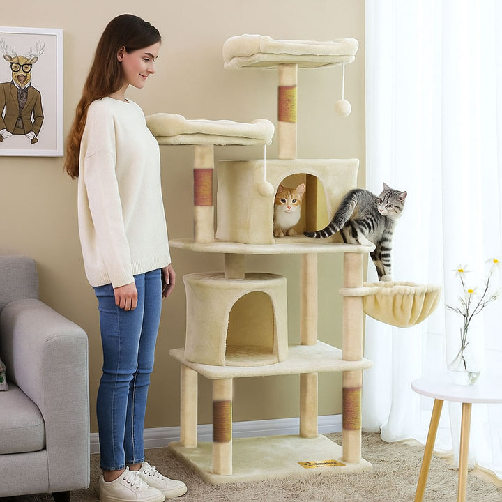 Arbre à chat 150 cm Animalux - Double Niche et Griffoirs avec deux chats et une personne à côté.