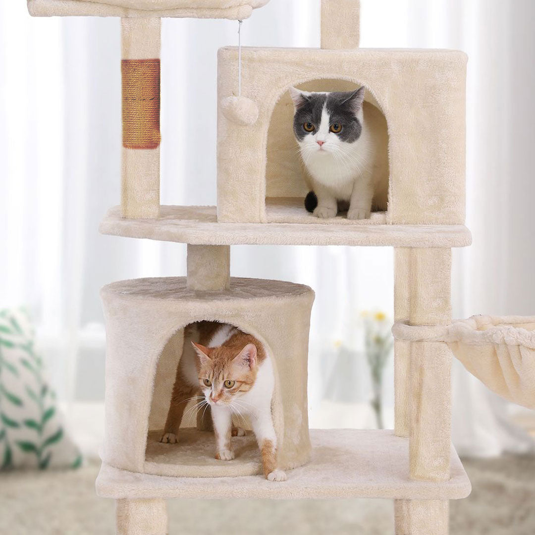 Arbre à chat 150 cm Animalux - Double Niche et Griffoirs avec deux chats dans les niches