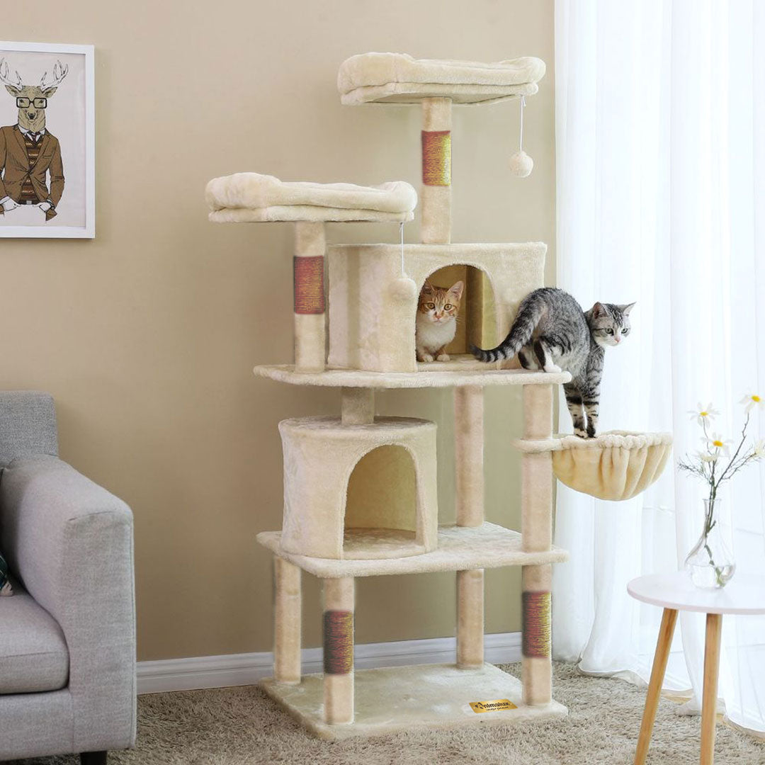 Arbre à chat 150 cm Animalux - Double Niche et Griffoirs avec deux chats jouant, en tissu doux.