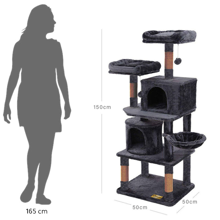 Animalux Arbre à chat 150 cm – Luxe, 2 niches, panier, perchoirs, griffoirs sisal et base renforcée  ECO