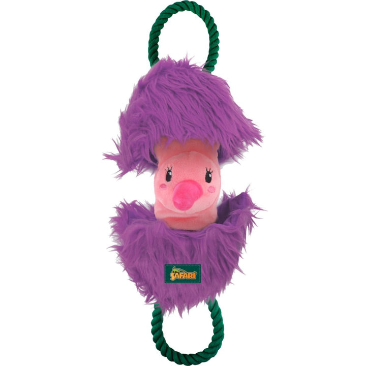 Peluche flamant rose couineur & corde à tirer