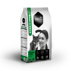 Sac 1.5kg Amity Croquette Chat Stérile poulet et riz, alimentation premium disponible en livraison partout au Maroc.