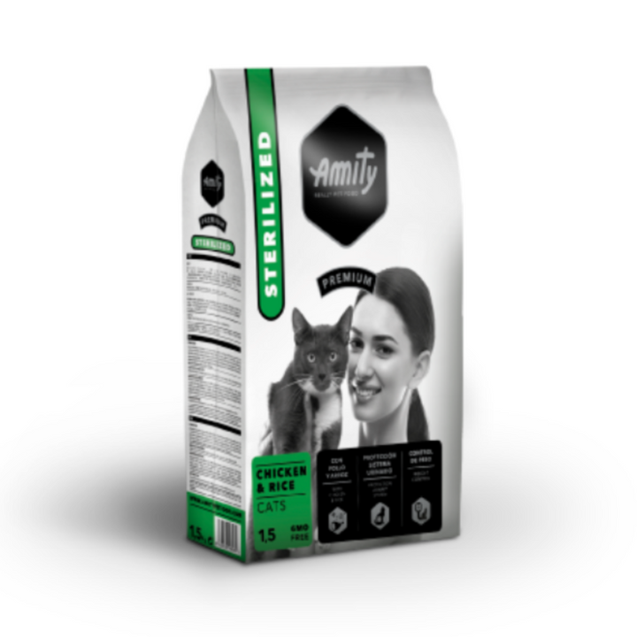 Sac 1.5kg Amity Croquette Chat Stérile poulet et riz, alimentation premium disponible en livraison partout au Maroc.
