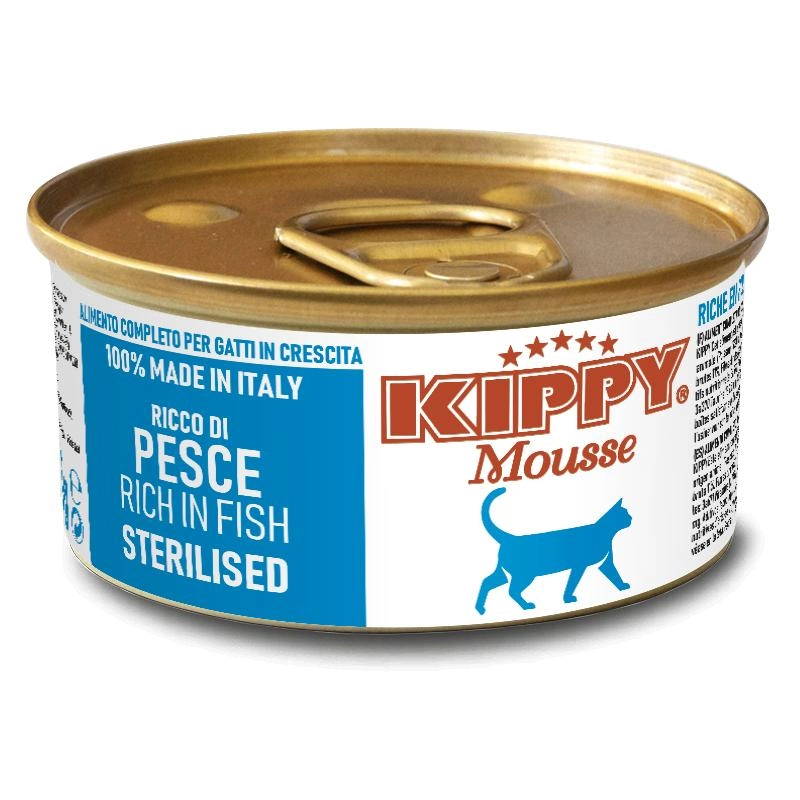 Boîte de pâtée Kippy Mousse au poisson pour chat stérilisé, disponible en pack de 10 partout au Maroc.